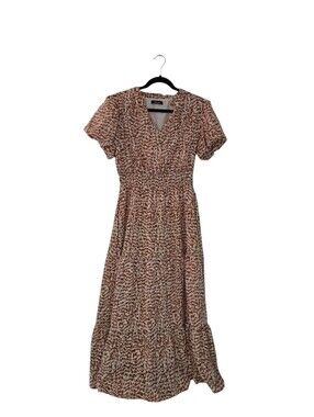 Fashion Tiered Maxi Dress Women's M Dusty Rose Animal Print Puff Sleeve V-Neck